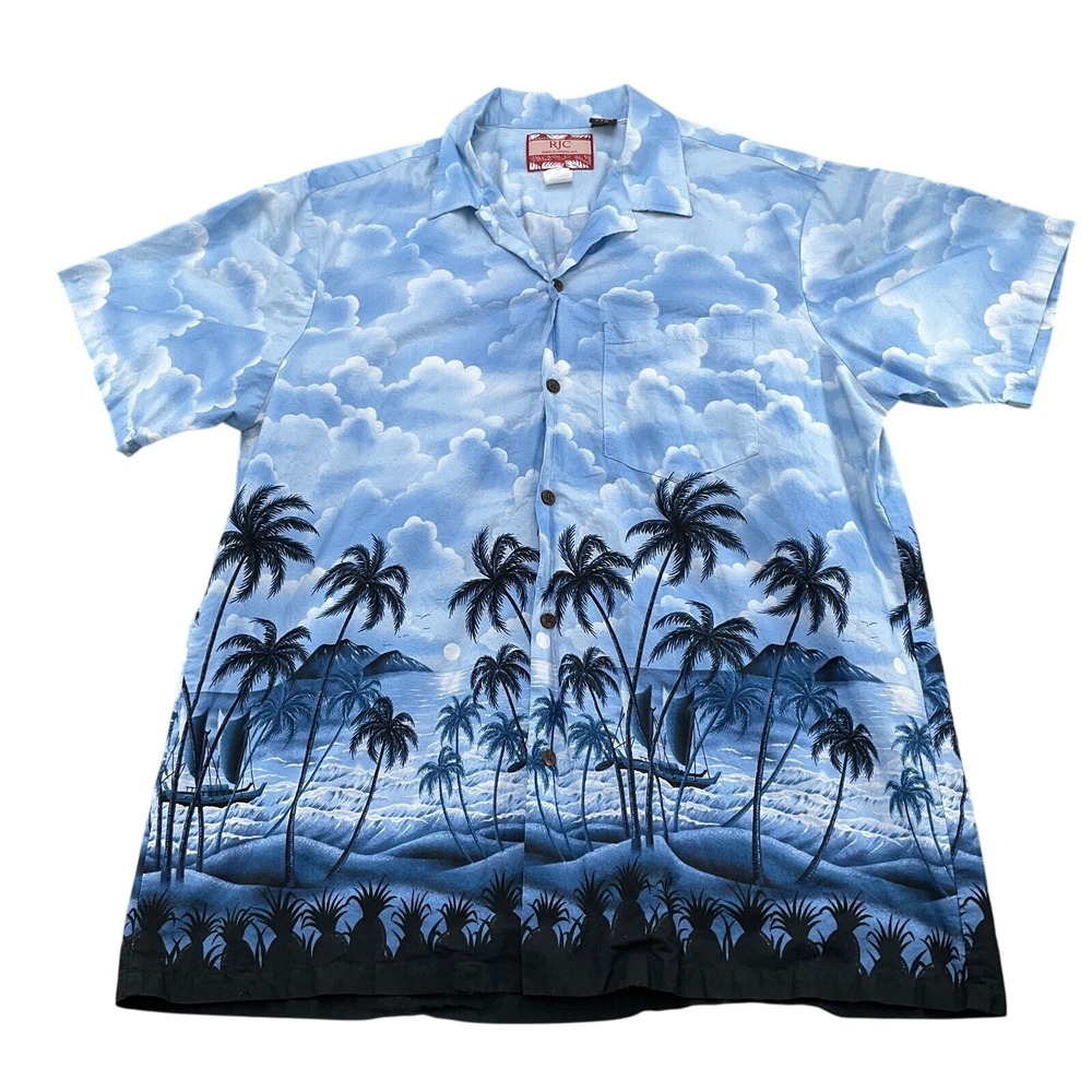 RJC Shirt Men‎ XLarge Blue Hawaii Palm Beach Aloha Resortwear Tropical USA VTG